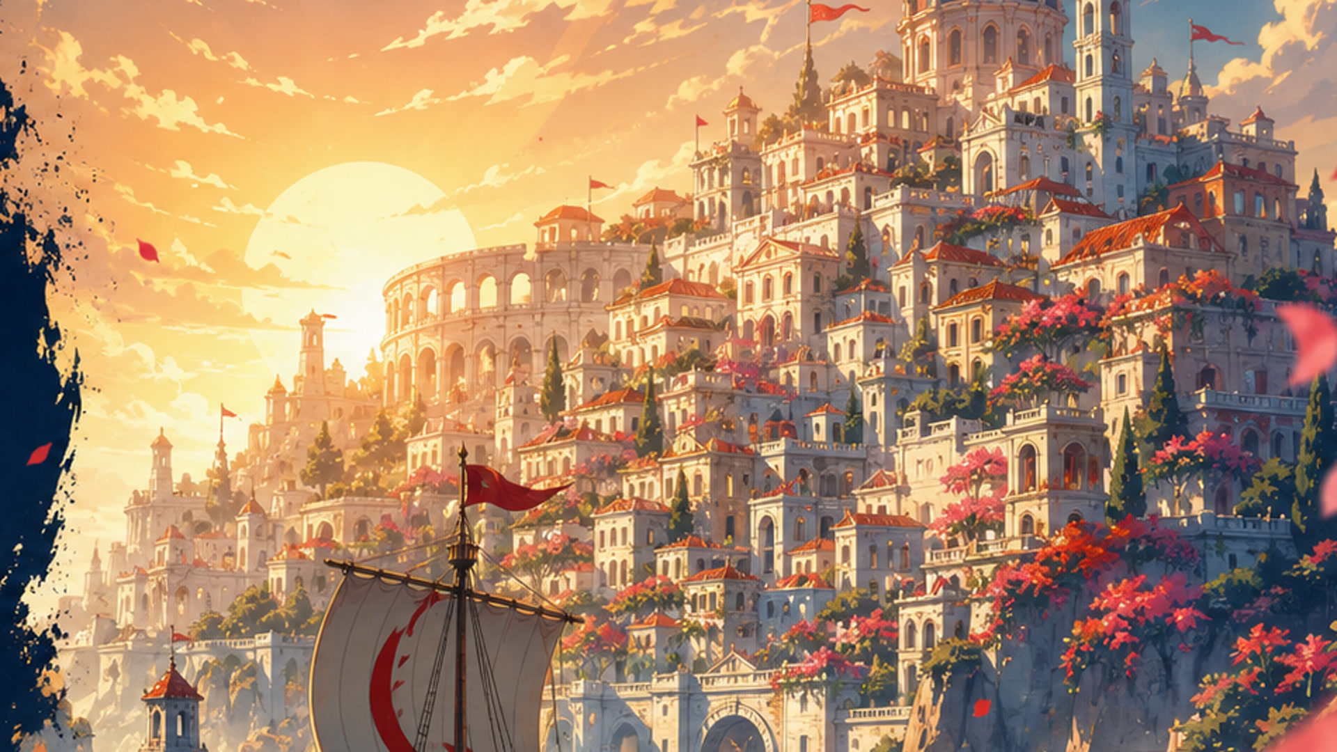 Sunlit island kingdom and a sailing ship approaching at golden hour